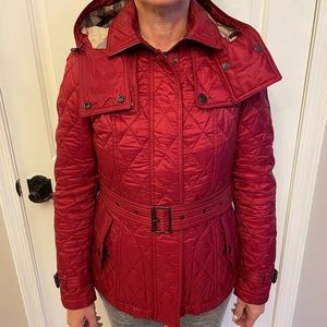Red Burberry quilted jacket with belt